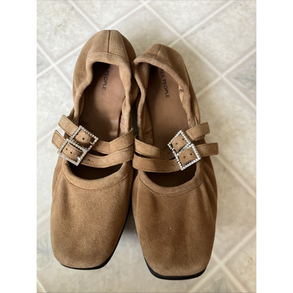 Free People Gemini Mary Jane Ballet Flats Size 7 Crystal Buckles Brown Suede